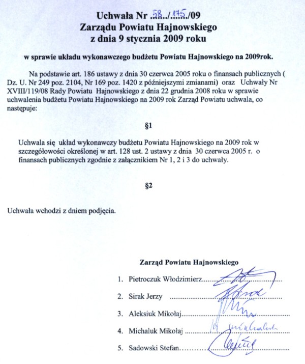 w sprawie układu wykonawczego budżetu Powiatu Hajnowskiego na 2009 r